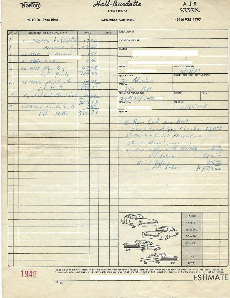 1971 Commando: 1977 Repair bill