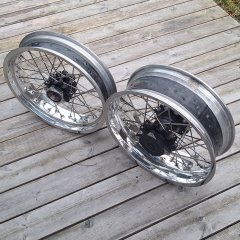 Norton 961 wheels, rebuilt with new stronger hubs.